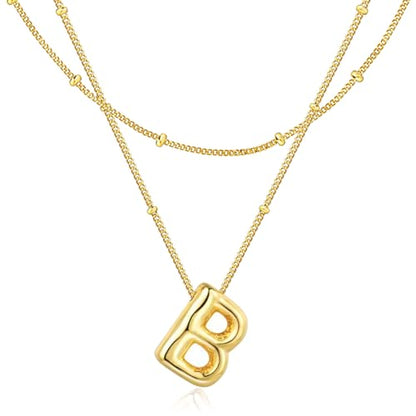 Bubble Letter Necklace for Women, 14k Gold Plated Initial Letter Pendant Necklace Personalized Jewelry A - Z 26 letters - style: Gold-B