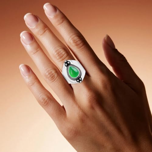 Natural Waterdrop Stone Wide Band Ring,Sterling Silver Genuine Teardrop Crystal Quartz Gemstone Statement Wide Chunky Full Finger Band Ring for Women - color: A04_Green Agate