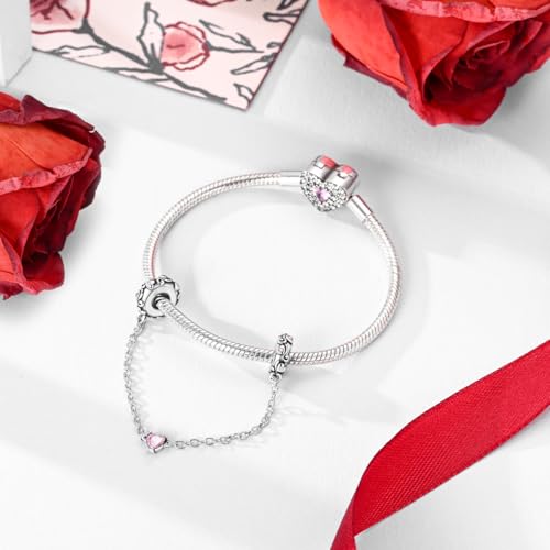 Hapour 925 Sterling Silver Safety Chain Charm for Bracelet Pendant Beads | Dragonfly Dangle Charm, Seashell Starfish Heart Clip Stopper Spacer Beads Jewelry - color: Pink Heart