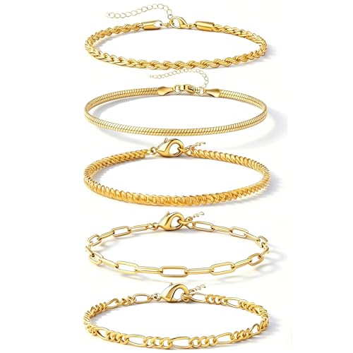 Alegend 14K Gold Plated Stackable Multilayer Bracelets + Titanium Steel(Not Rust, Resist Corruption, Easily Clean) 18K Gold Plated Single Bracelets - color: 14K Gold Plated Five-Layered