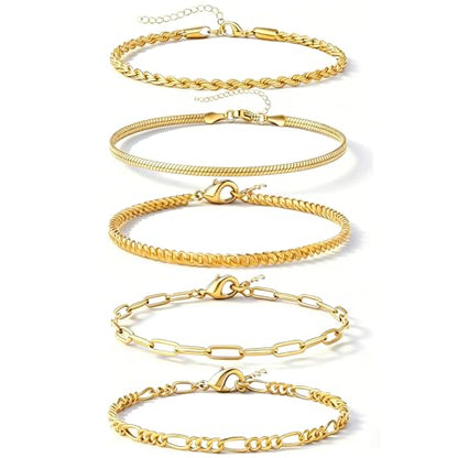 Alegend 14K Gold Plated Stackable Multilayer Bracelets + Titanium Steel(Not Rust, Resist Corruption, Easily Clean) 18K Gold Plated Single Bracelets - color: 14K Gold Plated Five-Layered