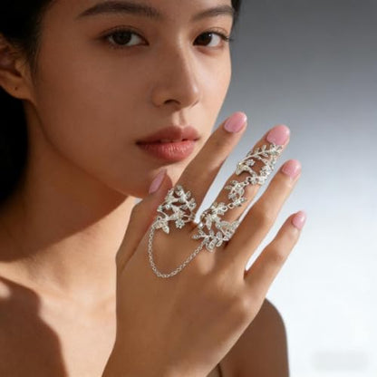 Rhinestone Finger Ring for Women Sparkly Crystal Butterfly Flower Leaf Adjustable Statement Chain Rings Punk Jewelry - color: Silver Leaf