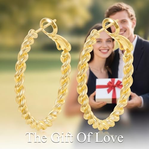 14K Gold Braided Texture Hoop Earring, 32/40mm Twist Rope Design Round Hoop Earrings for Women Gold Jewelry Gifts for women - style: Braided Earrings-31mm