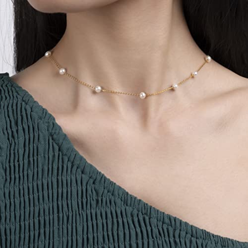 925 Sterling Silver Dainty Freshwater Cultured Pearl Choker Necklace White Genuine Real Pearl Charm Necklaces Jewelry Gifts for Her - color: Satellite Pearl-Gold 4.5-5.5mm