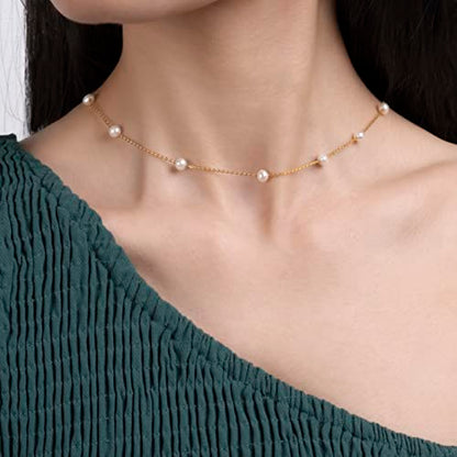 925 Sterling Silver Dainty Freshwater Cultured Pearl Choker Necklace White Genuine Real Pearl Charm Necklaces Jewelry Gifts for Her - color: Satellite Pearl-Gold 4.5-5.5mm