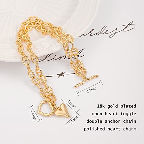 PEARLADA 18k Gold Plated Chain Layerd Bracelet Coin Charm Toggle Bracelet Trendy Cubic Zirconia Jewelry - color: 2. Double strand heart charm