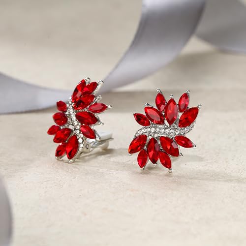 EVER FAITH Sparkly Rhinestone Clip-on Earrings for Women Bride, Fashion Marquise Crystal Cluster Wedding Bridal Stud Earring for Prom Formal Party - color: Red Silver-Tone