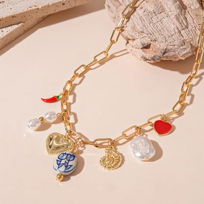 JNF Cute Shell Conch Boho Charm Necklace for Women Sun Moon Star Coin Heart Flower Boot Bow Charms Necklaces Summer Beach Jewelry - color: charm gold