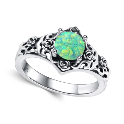 Vintage Rose Filigree 1 Carat Round Cut Genuine or Lab Grown Gemstone Statement Ring 925 Sterling Silver Birthstone Oxidized Anniversary Promise Ring for Women Gifts Size 5-18 - color: Green Opal