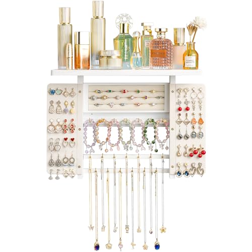 Emfogo Jewelry Organizer Hanging Wall Mounted Jewelry Holder, 5-in-1 Large Capacity Necklace Organizer Wall Hanging Jewelry Display for Ring, Necklaces, Bracelets, Earrings (White) - color: White