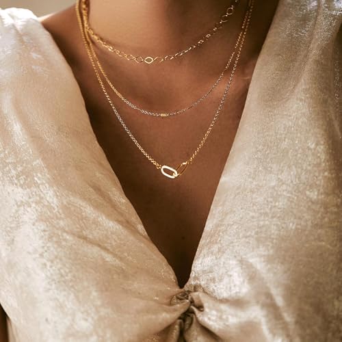 Evabelle Gold Layered Necklace for Women Trendy Jewelry 14K Real Gold Plated Chunky Chain Stackable Necklaces Dainty Choker Necklaces Rectangle Square Pendant - color: Gold Necklace 05