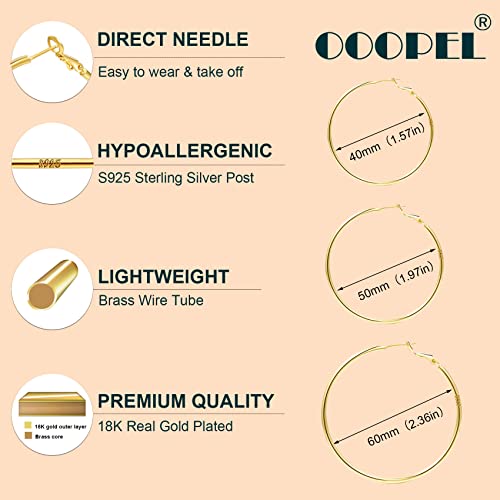 2mm Sterling Silver Big Hoop Earrings For Women - Large Hypoallergenic Circle Endless Thin Oversize Silver Hoops - color: Set,40mm/50mm/60mm,gold