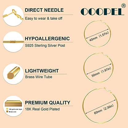 2mm Sterling Silver Big Hoop Earrings For Women - Large Hypoallergenic Circle Endless Thin Oversize Silver Hoops - color: Set,40mm/50mm/60mm,gold