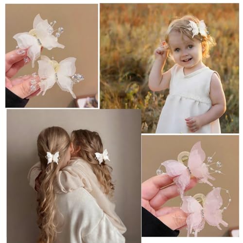 4PCS Butterfly Hair Clips,2" Small Tulle Mesh Butterfly Hair Bows for Girls, Toddlers & Kids- Pearl Decorated hair claw clips，Girls Hair Accessories for Party Birthday Wedding(Pink,White)