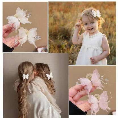 4PCS Butterfly Hair Clips,2" Small Tulle Mesh Butterfly Hair Bows for Girls, Toddlers & Kids- Pearl Decorated hair claw clips，Girls Hair Accessories for Party Birthday Wedding(Pink,White)
