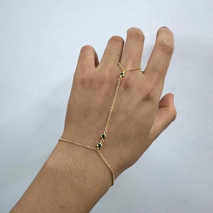Kakikaki 925 Sterling Silver Finger Ring Bracelet Hand Chain for Women | Slave Bracelets 7" to 9" Adjustable - color: Gold, style: 3 Emerald