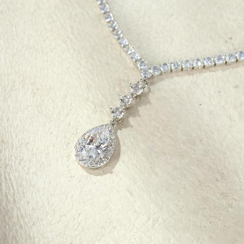EVER FAITH Pear Shaped Cubic Zirconia Bridal Wedding Jewelry Set for Women | Gorgeous Water Drop Bride Necklace Dangle Earrings, for Bride Bridesmaid - color: White Silver-Tone