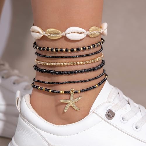 Bohemian Stackable Shell Beaded Ankle Bracelets for Women Colorful Boho Multi-Layer Seashell Gold Starfish Adjustable Handmade Braid Bracelet Summer Beach Holiday Accessories Gifts - color: Black