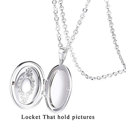 U7 Custom Photo Locket Necklace - Oval & Heart Shaped Locket - Gold/Silver/Rose Gold Personalized Image Necklaces for Women - color: 01-Oval Platinum, style: b. locket+text