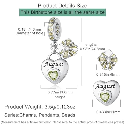 Love Heart Birthstone Dangle Charms Compatible with Pandora Bracelets | 925 Sterling Silver 5A Cubic Zirconia Mother's Day Christmas Birthday Birthstone Gifts Bead Charm Pendants Women Jewelry - color: August Dangle Birthstone Charms