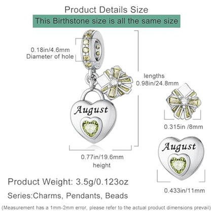 Love Heart Birthstone Dangle Charms Compatible with Pandora Bracelets | 925 Sterling Silver 5A Cubic Zirconia Mother's Day Christmas Birthday Birthstone Gifts Bead Charm Pendants Women Jewelry - color: August Dangle Birthstone Charms