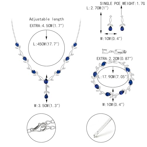 EVER FAITH Cubic Zirconia Pearl Leaf Bridal Jewelry Set for Bride Women | White Wedding Prom Necklace Dangle Earrings Bracelet, for Bridesmaid - color: CZ_Blue Silver-Plated-Brass