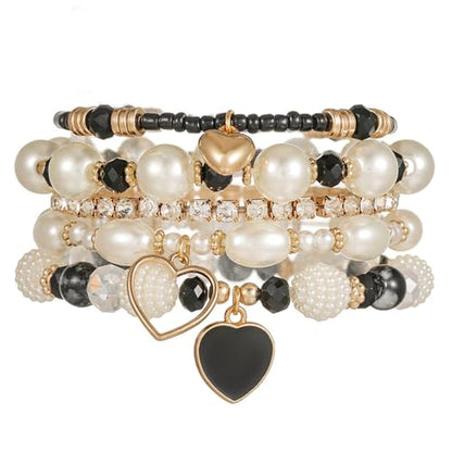 Bohemian Multilayered Faux Pearl Beaded Heart Pendant Crystal Zircon Stackable Multicolor Bracelets Set for Women Handmade Friendship Summer Beach Stretch Bangle Jewelry - color: black