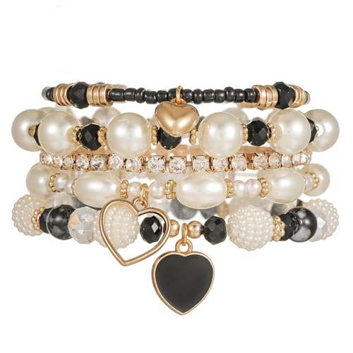 Bohemian Multilayered Faux Pearl Beaded Heart Pendant Crystal Zircon Stackable Multicolor Bracelets Set for Women Handmade Friendship Summer Beach Stretch Bangle Jewelry - color: black