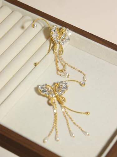 2Pcs Butterfly Ear Cuffs Rhinestone Clip On Earrings | Rhinestone butterfly ear cuffs with non piercing clip on design; silver ear wrap climber jewelry for parties and weddings - style: Style E Gold