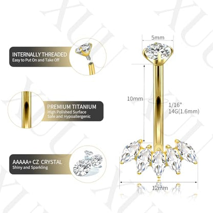XUU Titanium Belly Button Rings 14G, Implant-Grade Navel Piercing, Luxury CZ Shape with Flower Butterfly, Hypoallergenic Curved Barbell Jewelry for Women, Gold or Silver - style: Crown-Gold