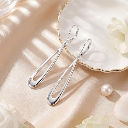 BoutiqueLovin Long Teardrop Dangle Earrings for Women | 14k Gold Plated Dangling Drop Earrings Silver HypoallergenicHollow Dangly Leverback Earings Lightweight Trendy Jewelry Gifts - color: Silver