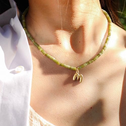 KELORIS PATH Beaded Initial Necklace for Women, 14K Gilded Plated Bubble Letter Pendant Natural Handmade Stone Choker Boho Colorful Summer Beach Jewelry Gift - color: Green Aventurine, style: Letter E