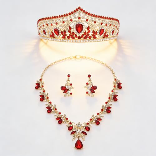 Princess Tiara Crown and Jewelry Sets for Women Wedding Rhinestone Crystal Tiaras and Crowns with Necklace Earrings Party Birthday Accessories - color: Gold Red