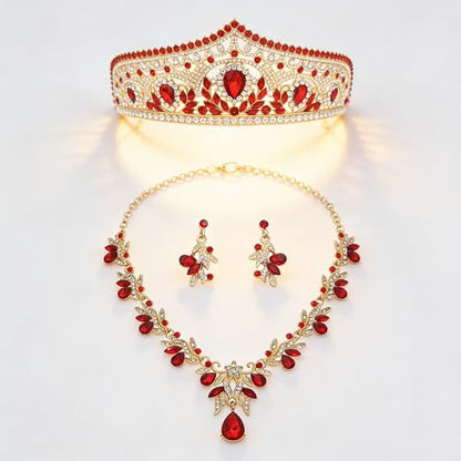 Princess Tiara Crown and Jewelry Sets for Women Wedding Rhinestone Crystal Tiaras and Crowns with Necklace Earrings Party Birthday Accessories - color: Gold Red
