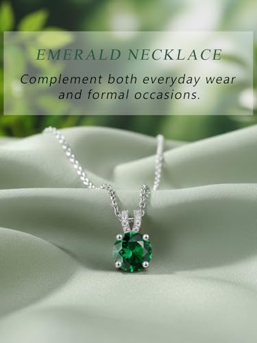 CYW Genuine Sapphire/Emerald/Ruby/Moissanite Necklace for Women, Really Authentic Solid 925 Sterling Silver, 16"/18"/20" Adjustable Chain, Anniversary Mother's Day Valentines Gift - color: Emerald - Round - White Gold, size: 8mm