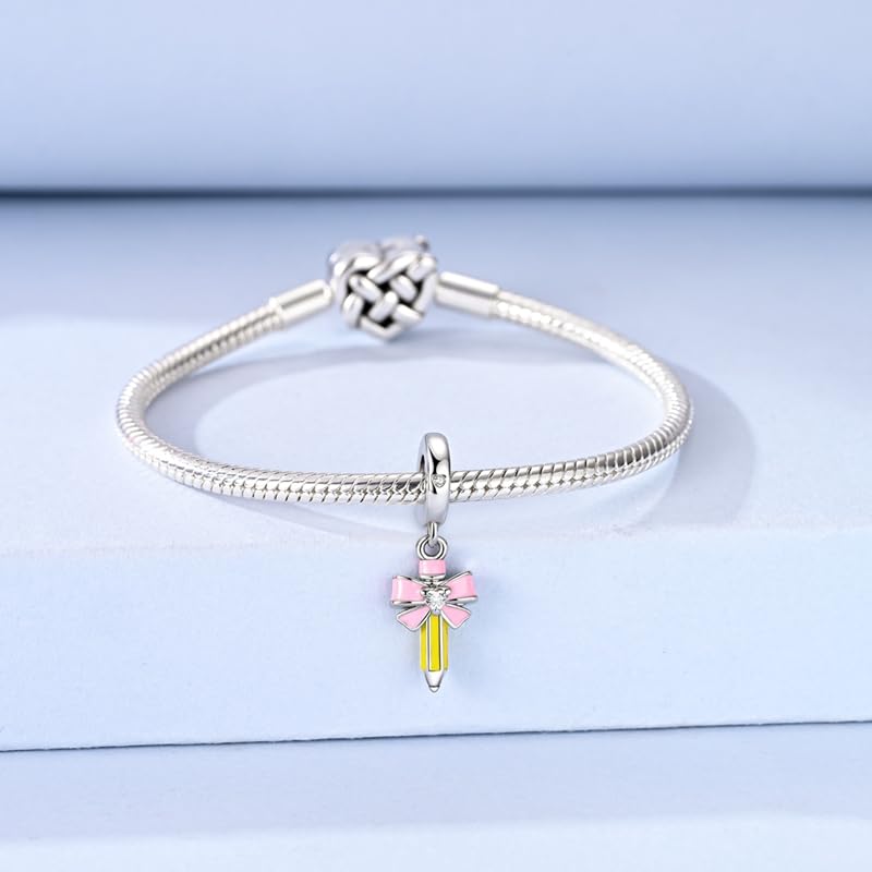 925 Sterling Silver Charms for Bracelets and Necklaces Beads Jewelry Charms for Women - color: Pink Bow Pencil Charm