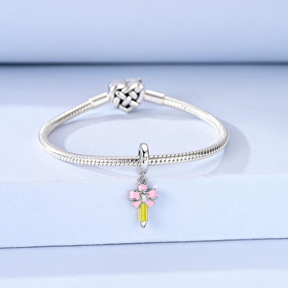 925 Sterling Silver Charms for Bracelets and Necklaces Beads Jewelry Charms for Women - color: Pink Bow Pencil Charm