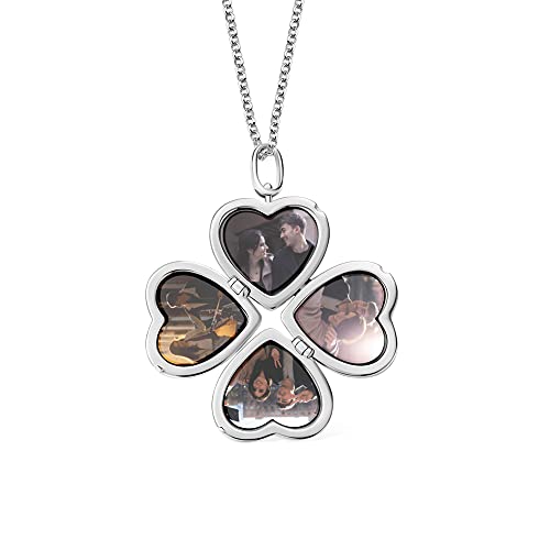 Personalized Photo Locket Necklace that Holds Pictures Sterling Silver Jewelry Gifts for Women Girls Custom Photo Lockets Pendant Necklace Picture Locket Memorial Jewelry Heart Wing Four Leaf Oval - color: Four leaf