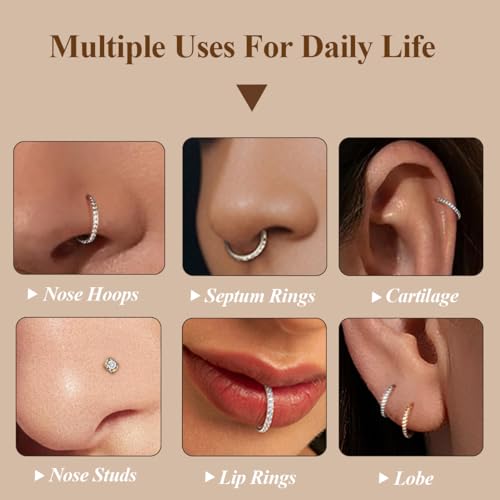 18G Nose Rings Hoop and 20g Nose Studs Sets for Women Men, Hypoallergenic 316L Surgical Steel Hinged Clicker Segment CZ Nose Hoops Double Hoop Nose Ring Septum Lip Helix Cartilage Daith Tragus Sleeper Earrings Gold Silver L Shape/Corkscrew Nose Studs Nost
