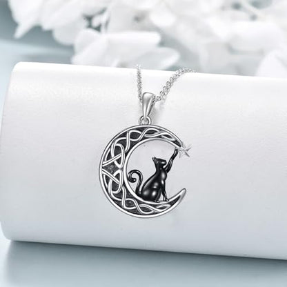 925 Sterling Silver Moon Black Cat Necklace for Women Cat Jewelry - style: J-Black Cat Moon Necklace
