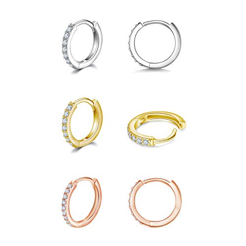 3 Pairs 925 Sterling Silver Small Hoop Earrings for Women Men | Cubic Zirconia, 14K White Gold Plated Huggie Hoop Earrings, Hypoallergenic - style: L-silver gold rosegold 8mm