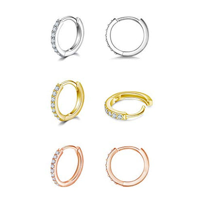 3 Pairs 925 Sterling Silver Small Hoop Earrings for Women Men | Cubic Zirconia, 14K White Gold Plated Huggie Hoop Earrings, Hypoallergenic - style: L-silver gold rosegold 8mm