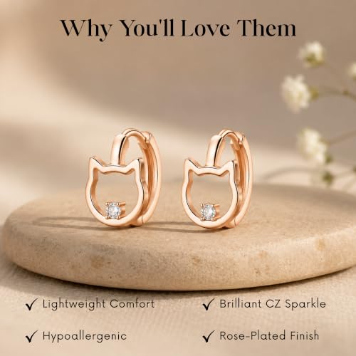 Gempires Huggie Hoop Earrings for Women | Cubic Zirconia Fashion Earrings Collection | Gold, Silver & Rose Gold Tone Styles | Lightweight Everyday Jewelry - color: CZ Cat Hoop