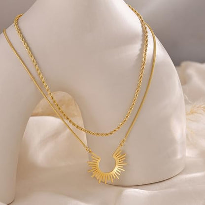 CHESKY Layered Necklaces for Women Trendy, Dainty 14k Gold Plated Pendant Necklace Layering Necklace for Women Non Tarnish Hypoallergenic Sun Gold Necklace Stack Gold Jewelry for Women Gifts - style: SunRope-GD