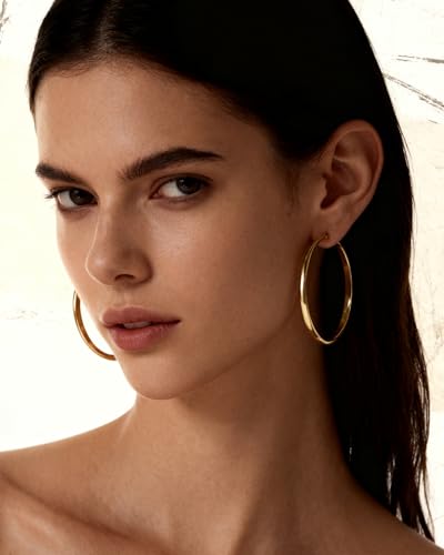 EXGOX 5mm Wide Gold Hoop Earrings for Women,Sterling Silver Hoop Earrings Large Silver Hoop Earrings Hypoallergenic Lightweight 14K Real Gold Plated Big Hoop Earrings for Women 30/40/50/60/70mm - color: 3MM-Gold Hoop-50mm