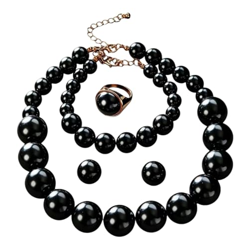 Large Big Simulated Pearl Adjustable Chain Necklace Bracelet Dangling Earrings Ring for Women Jewelry Set Imitation Dainty Elegant Wedding Party Birthday - color: black