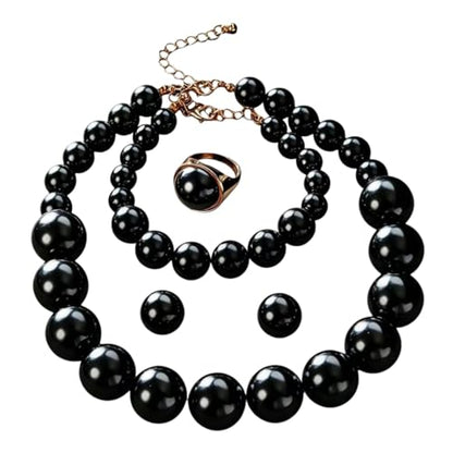 Large Big Simulated Pearl Adjustable Chain Necklace Bracelet Dangling Earrings Ring for Women Jewelry Set Imitation Dainty Elegant Wedding Party Birthday - color: black