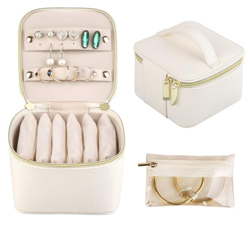 HofferRuffer Jewelry Box Organizer for Women Girls, Travel Jewelry Case with 6 Portable Zipper Bags, Jewelry Storage Ideal for Travel & Home Organization (6pcs-CreamWhite Faux Leather) - color: 6pcs-CreamWhite Faux Leather
