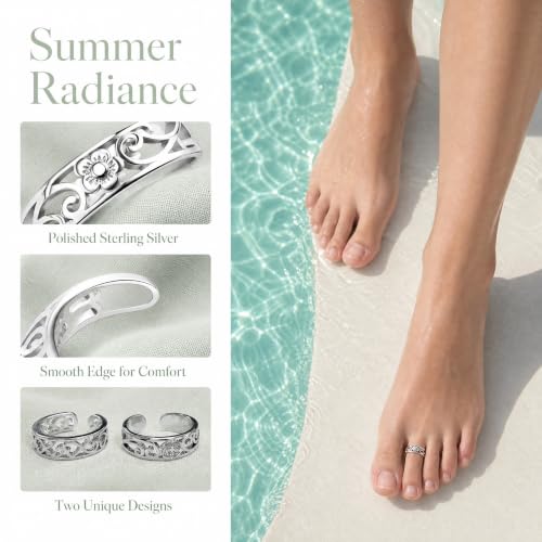 2PCS Toe Rings For Women, Adjustable Silver Toe Ring, Open Cuff Daisy Moonstone Band, Beach Foot Jewelry Set
