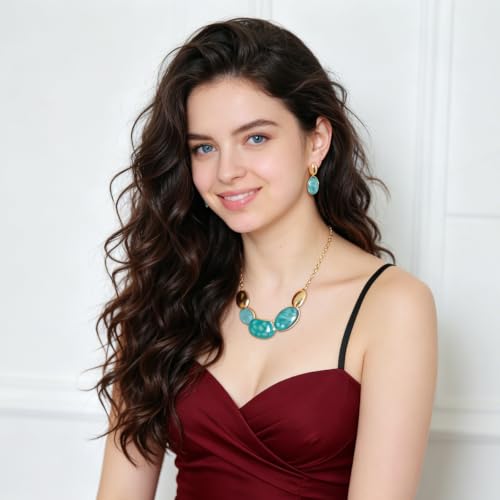 Vintage Statement Jewelry Set - Chunky Flower Floral Plant Geometric Resin Bib Necklace Earring Set Bohemian Boho Crystal Rhinestone Fashion Jewelry for Women Bridal Party Prom Unique Gift - style: MLJS2608-Aquamarine
